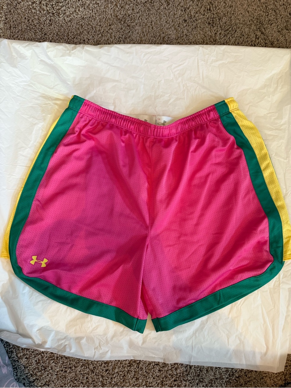 Under Armour Women's Hot Pink Mesh Shorts with Green & Yellow Accents
